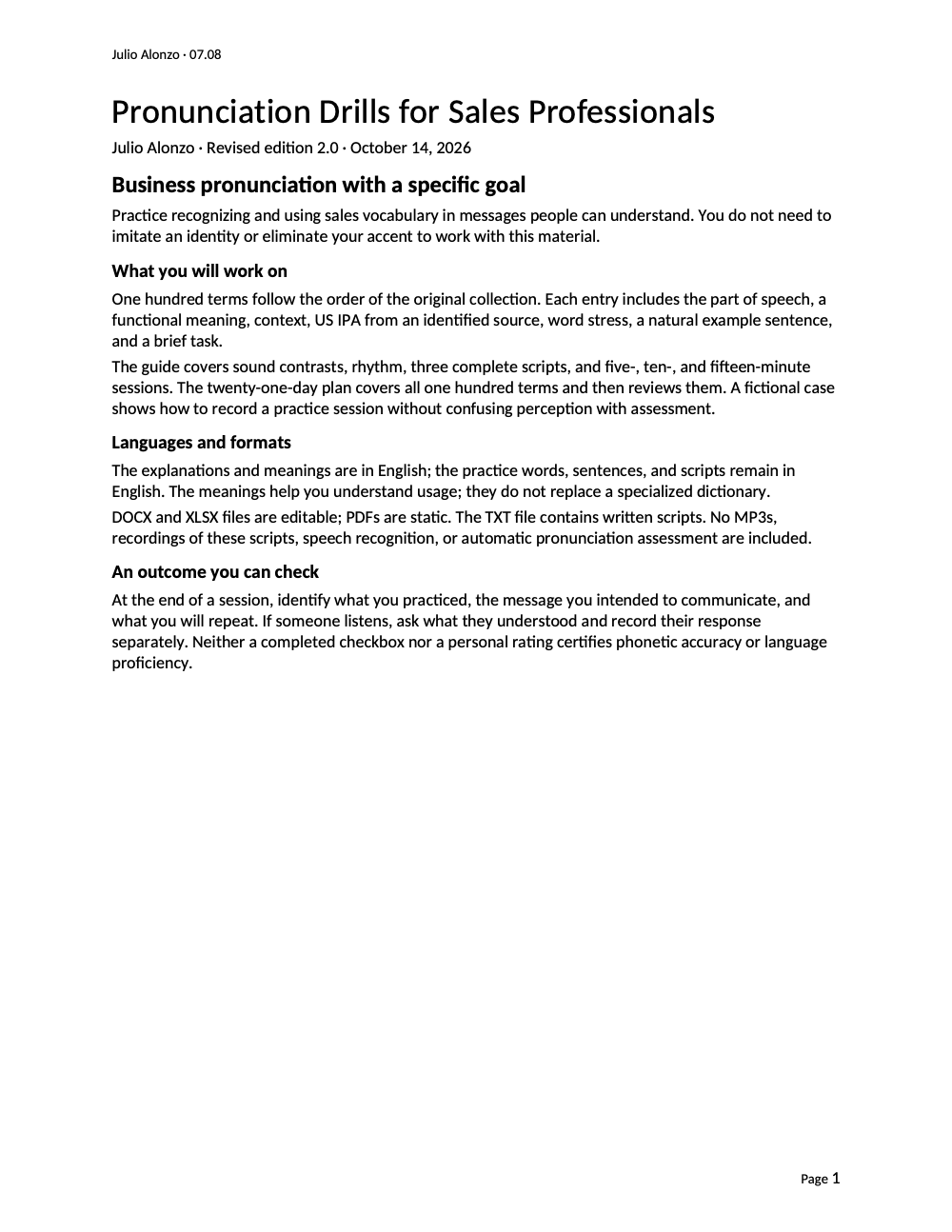 Portada real de Pronunciation Drills for Sales Professionals, Product_ID 07.08